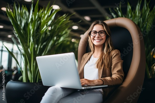Happy young woman, smiling girl student wearing eyeglasses using laptop computer sitting on chair in university campus, coworking office or airport lounge space      Generative AI © Kay