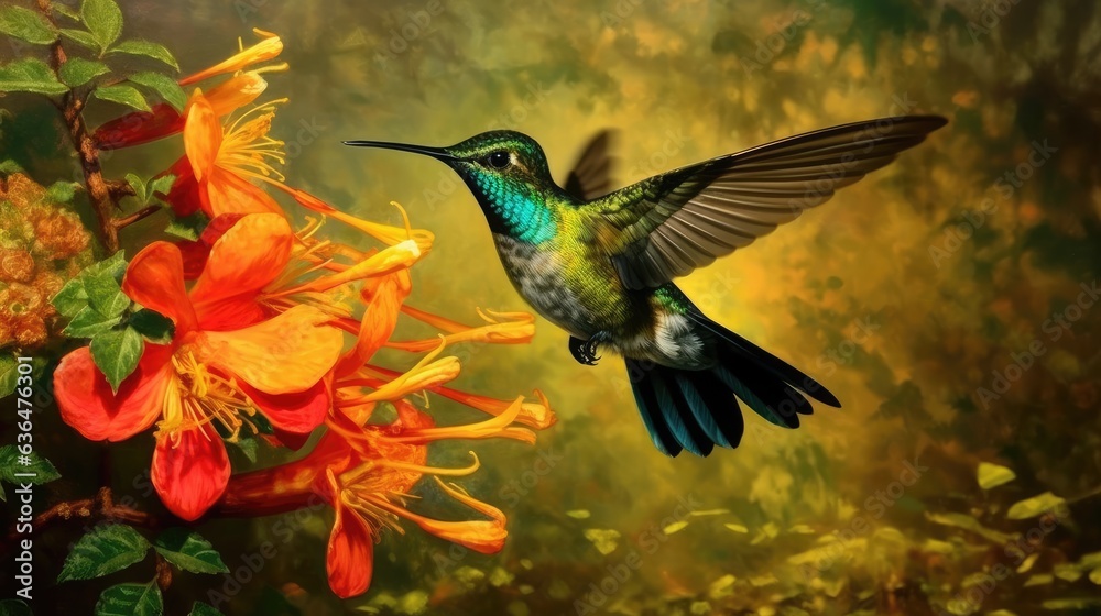 Obraz premium Anthracothorax nigricollis, the black throated mango, a blue and green hummingbird, flies near to a beautiful yellow blossom.