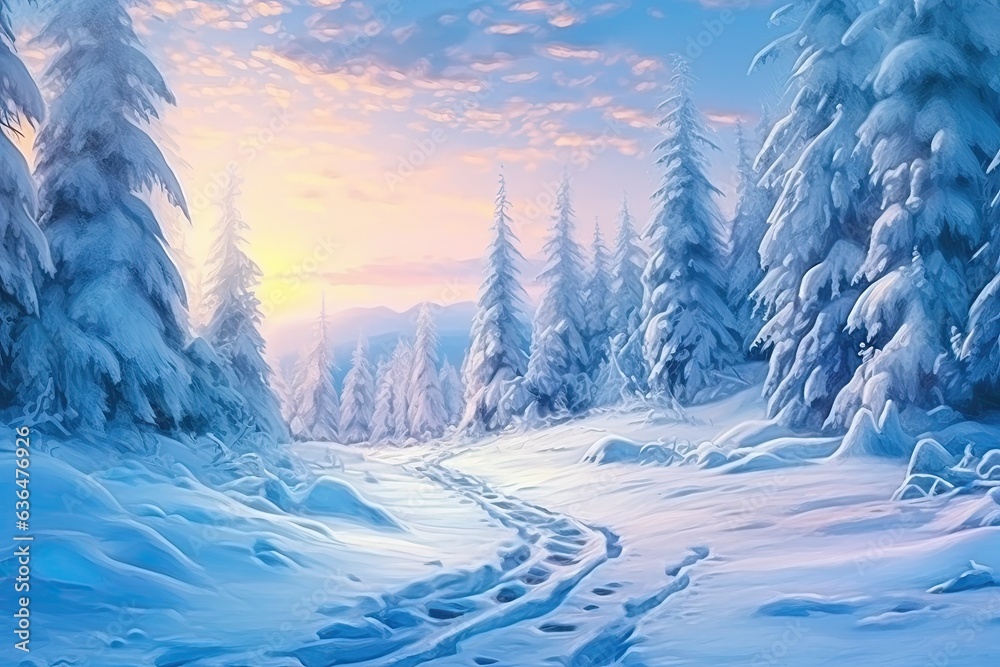 Artwork from a Ski Resort in the Morning Beautiful Nature Background Beautiful Sliding Over the Spruce Forest in Pristine Snow. Beautiful Wallpaper of a Forest in Winter Snow in the Morning