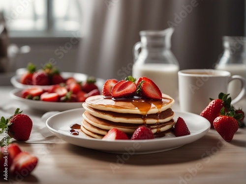 Stack of pancakes with fresh strawberries and maple syrup on a white plate