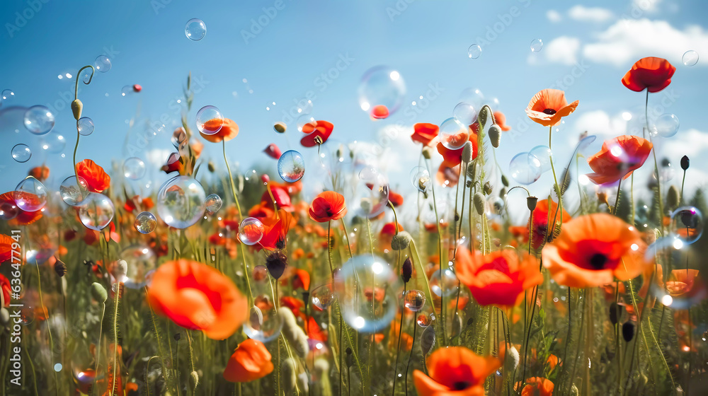 Flowering red poppies with green buds, capsules, and soap bubbles, against the blue sky. Generative AI technology.