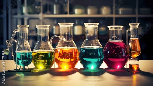 Chemistry laboratory glassware with colour liquids in them. 