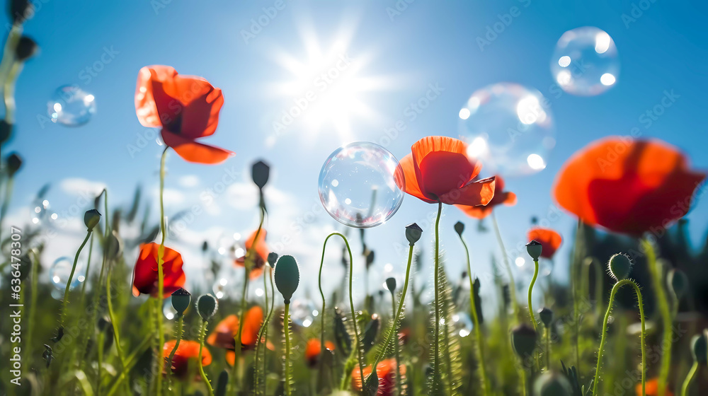 Obraz premium Flowering red poppies with green buds, capsules, and soap bubbles, against the blue sky. Generative AI technology.