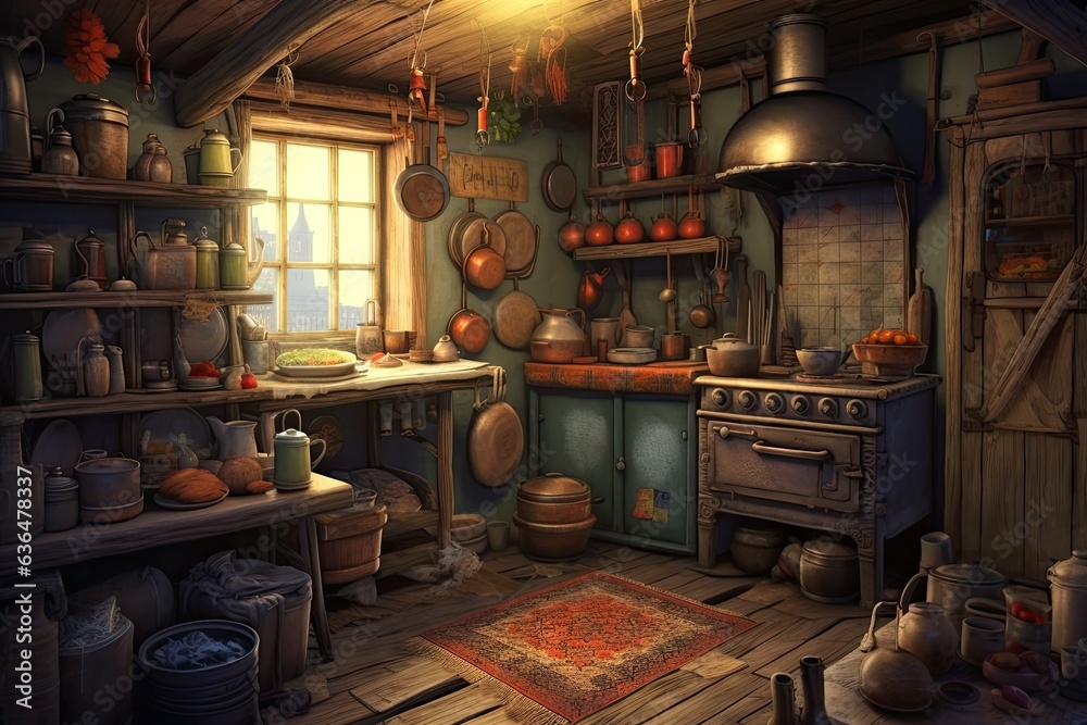 A conventional stove, a wooden table seat, a cuckoo clock, a samovar grip shelf, and pots, a jug, and a rag on the floor characterize this old Russian kitchen. It also features a window. Image of a