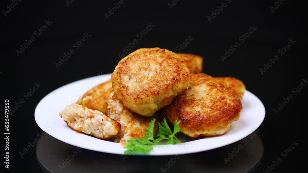 Cooked fried fish cutlets in a plate with herbs, isolated on a black background. Cooked fried fish cutlets in a plate with herbs, isolated on a black background.