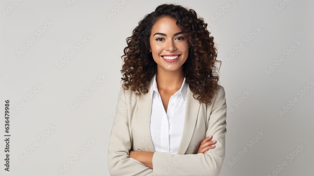 smiling business woman with crossed arms on white background. A cheerful office and a employee smiling business woman with crossed arms on white background. A cheerful office and a employee