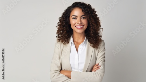 smiling business woman with crossed arms on white background. A cheerful office and a employee