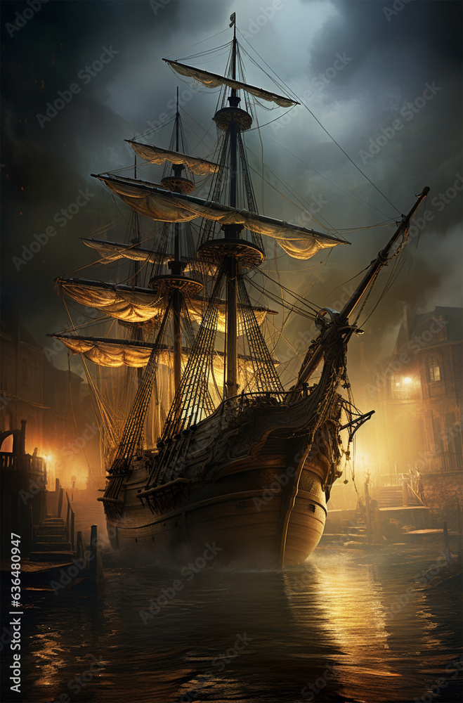 Priate ship at night in a burning harbor