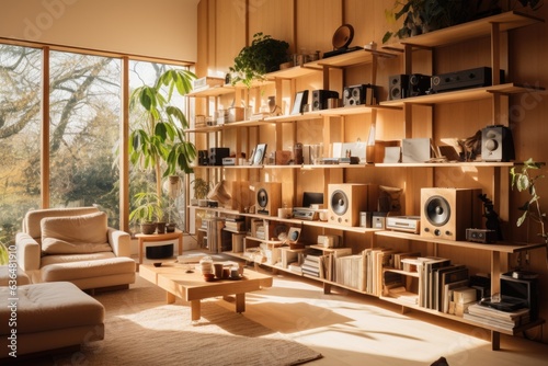 A music lover's room with wooden acoustic panels on the walls, a wooden platform stage for instruments, and floating wooden shelves displaying vinyl records. Generative AI