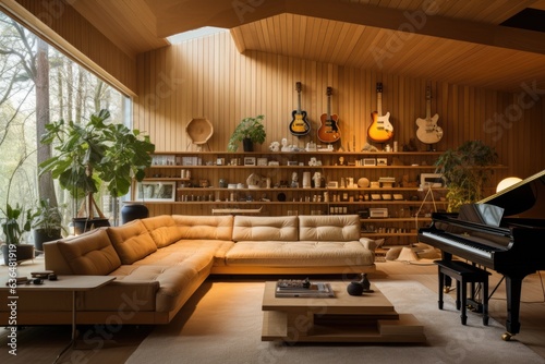A music lover's room with wooden acoustic panels on the walls, a wooden platform stage for instruments, and floating wooden shelves displaying vinyl records. Generative AI © Ivy