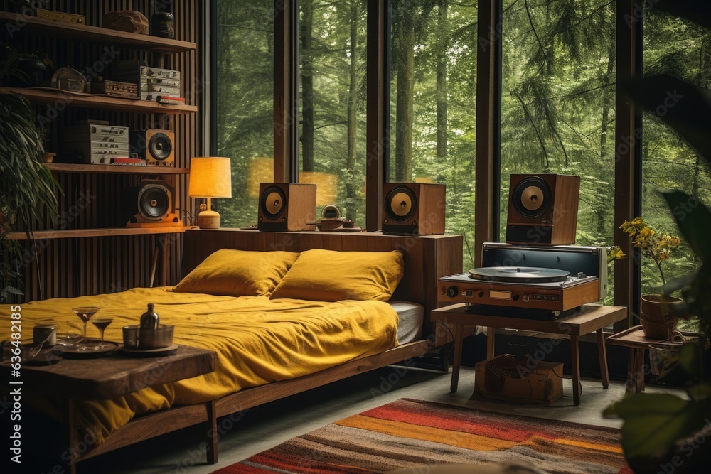 Retro Revival: A room that embraces retro design with a wooden platform bed, vintage wooden wall clock, and a wooden record player stand. Generative AI