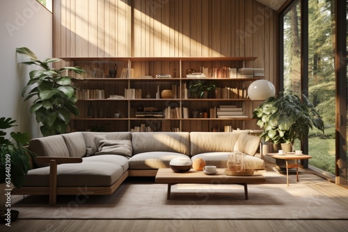 Stylish living room with wooden accent wall, integrated shelves, coffee table, and modular sofa arrangement. Smoggy daylight enhances light-colored photograph. Generative AI