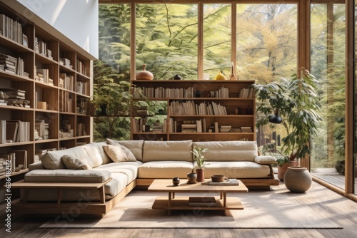 Stylish living room with wooden accent wall, integrated shelves, coffee table, and modular sofa arrangement. Smoggy daylight enhances light-colored photograph. Generative AI