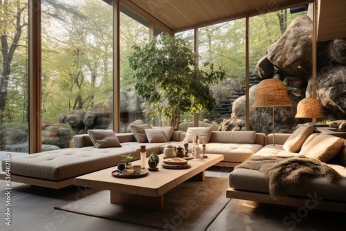 Contemporary living room, wooden-framed windows blur indoor-outdoor boundaries, comfy wooden sectional sofa. Smoggy daylight, light-colored photograph. Generative AI