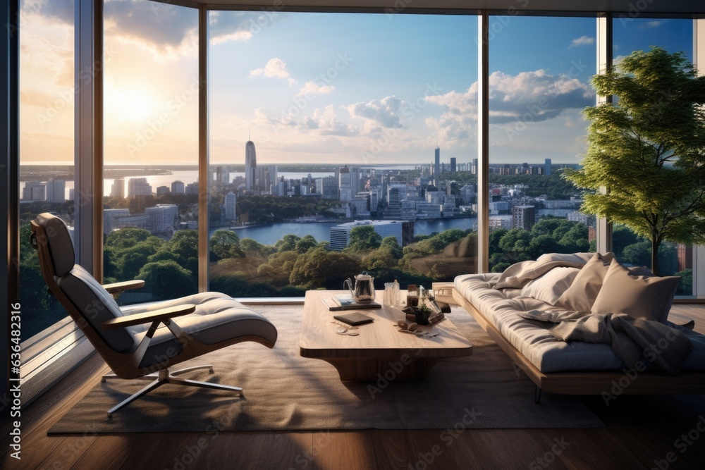 Fototapeta premium Cityscape View: A contemporary room with floor-to-ceiling windows offering a stunning city view, with a wooden window seat for contemplation. Generative AI
