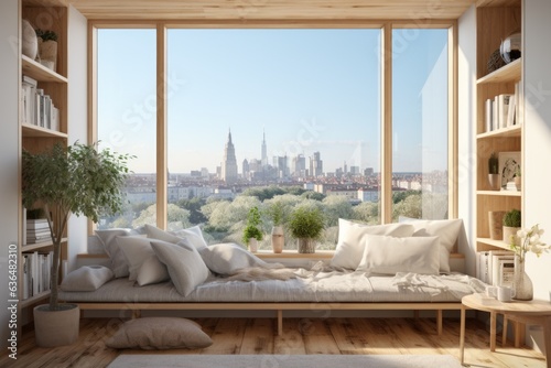 Cityscape View: A contemporary room with floor-to-ceiling windows offering a stunning city view, with a wooden window seat for contemplation. Generative AI