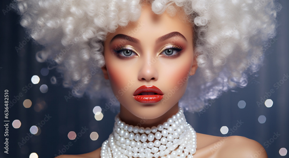 A beautiful fashion model in a studio portrait. She is wearing a white wig. She has clear, perfect skin and is wearing makeup. A beautiful fashion model in a studio portrait. She is wearing a white wig. She has clear, perfect skin and is wearing makeup.