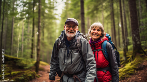 An elderly couple backpacking in a forest or woods. They are smiling and pose for a portrait.