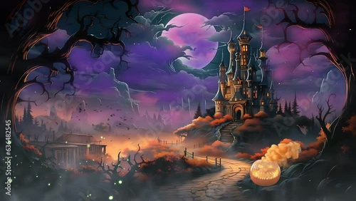 Halloween night fantasy landscape at the castle. Seamless Cartoon style loop 4k animation