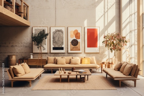 Artistic Haven  A creative living room with a wooden-framed sofa positioned in front of an art gallery wall  showcasing various artworks framed in wooden frames. Generative AI