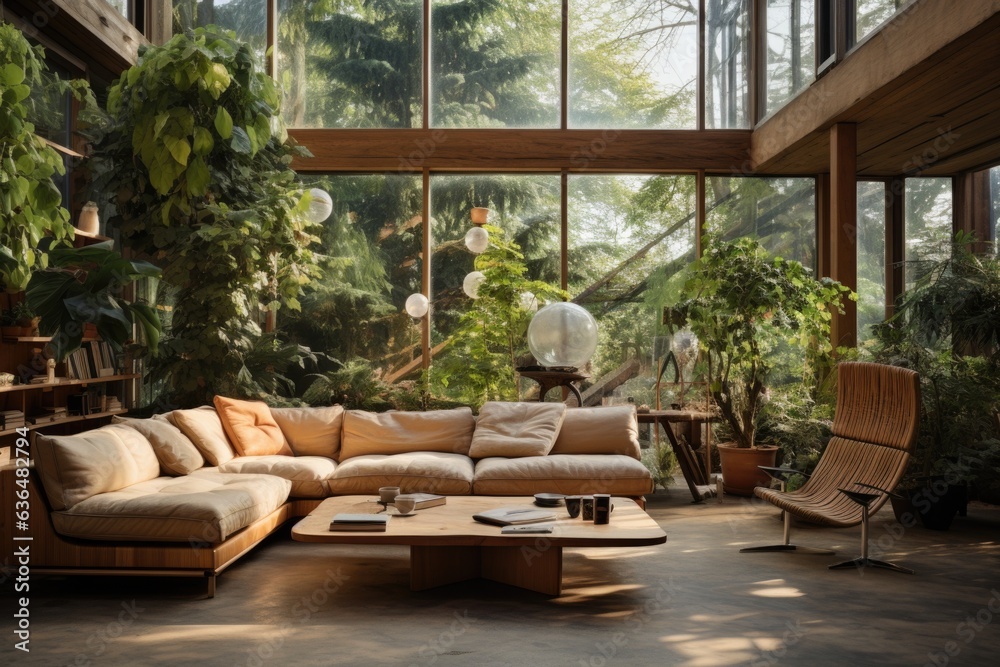 Urban Greenery: A living room with a wooden-framed sofa surrounded by a lush indoor garden, creating a tranquil and refreshing ambiance. Generative AI
