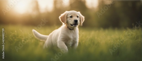 Golden retriever puppy playing in a field of green grass