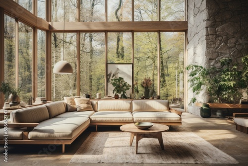 Natural Harmony: A living room designed with earthy tones, featuring a wooden-framed sofa, wooden coffee table, and nature-inspired decor. Generative AI