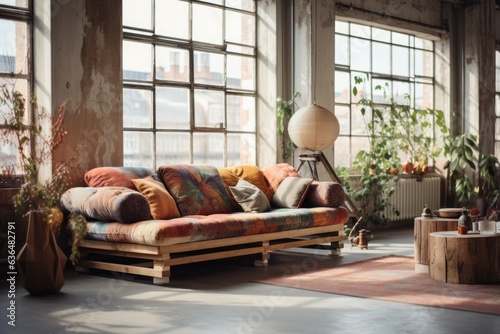 Boho-Industrial Fusion: A fusion of bohemian and industrial styles with a wooden-framed sofa, metal accents, and vibrant patterned cushions. Generative AI