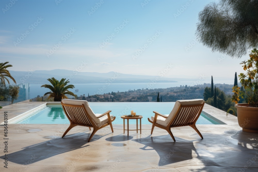Mediterranean Bliss: Two inviting deck chairs placed on a serene terrace overlooking a sparkling pool and offering a breathtaking panoramic view of the azure sea. Generative AI
