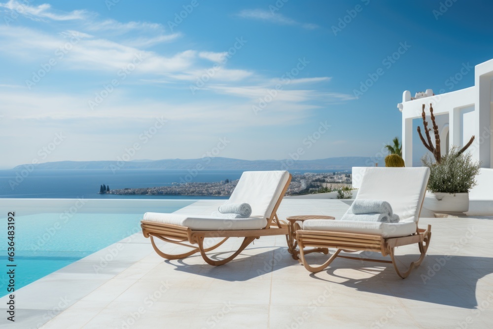 Mediterranean Bliss: Two inviting deck chairs placed on a serene terrace overlooking a sparkling pool and offering a breathtaking panoramic view of the azure sea. Generative AI