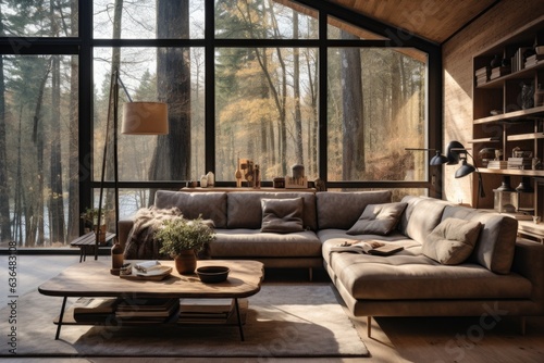 Modern Cabin Retreat  A cabin-inspired living room with a wooden-framed sofa  faux fur throws  and a wooden coffee table adorned with pinecones. Generative AI