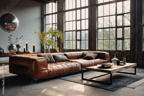 Industrial Luxe: A luxurious industrial living room with a leather-upholstered wooden-framed sofa, metallic accents, and a polished wooden coffee table. Generative AI © Ivy
