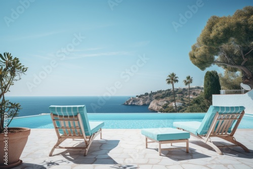 Mediterranean Bliss: Two inviting deck chairs placed on a serene terrace overlooking a sparkling pool and offering a breathtaking panoramic view of the azure sea. Generative AI © Ivy