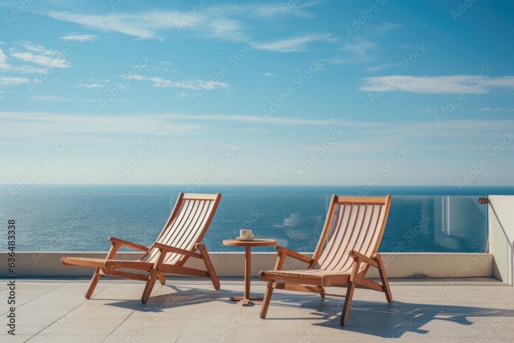 A vision of relaxation with a pair of deck chairs set on a sun-soaked terrace, providing the perfect vantage point to take in the mesmerizing expanse of the sapphire sea. Generative AI