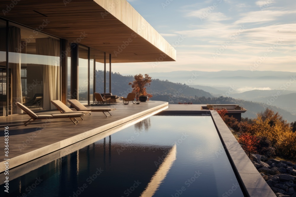 Minimalist mountain villa, sleek design, terrace, and pool with panorama. a smoggy daylight, light-colored photograph. Generative AI