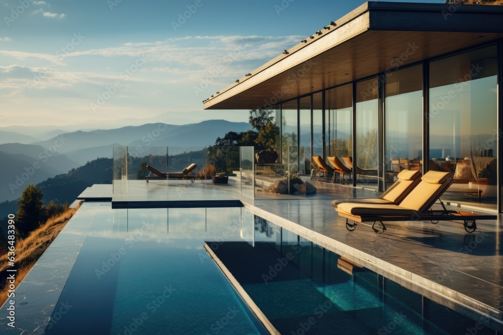 Luxurious glass-walled villa on mountain peak, terrace, and pool with stunning views. Generative AI