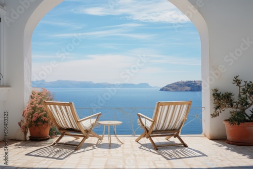 A picturesque setting where two deck chairs beckon  nestled on a charming terrace surrounded by traditional white Mediterranean architecture adorned with graceful arches. Generative AI