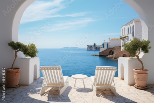 A picturesque setting where two deck chairs beckon, nestled on a charming terrace surrounded by traditional white Mediterranean architecture adorned with graceful arches. Generative AI