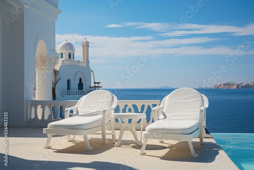 A picturesque setting where two deck chairs beckon, nestled on a charming terrace surrounded by traditional white Mediterranean architecture adorned with graceful arches. Generative AI