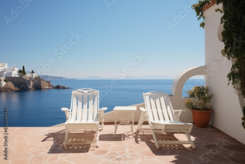 A picturesque setting where two deck chairs beckon, nestled on a charming terrace surrounded by traditional white Mediterranean architecture adorned with graceful arches. Generative AI © Ivy