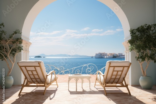 A picturesque setting where two deck chairs beckon  nestled on a charming terrace surrounded by traditional white Mediterranean architecture adorned with graceful arches. Generative AI