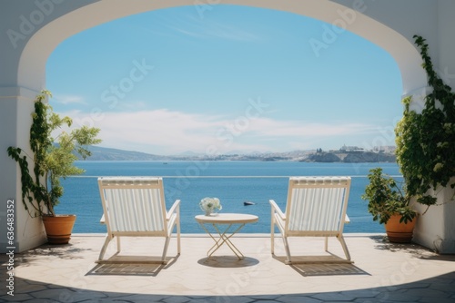 A picturesque setting where two deck chairs beckon, nestled on a charming terrace surrounded by traditional white Mediterranean architecture adorned with graceful arches. Generative AI