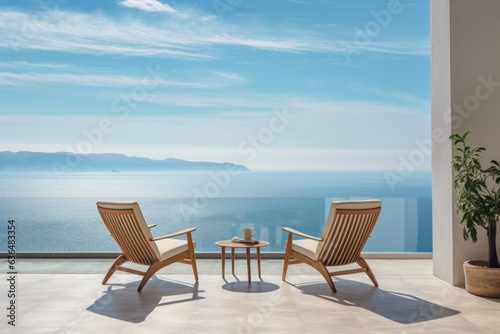 A vision of relaxation with a pair of deck chairs set on a sun-soaked terrace, providing the perfect vantage point to take in the mesmerizing expanse of the sapphire sea. Generative AI © Ivy