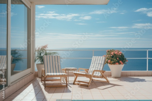 A vision of relaxation with a pair of deck chairs set on a sun-soaked terrace  providing the perfect vantage point to take in the mesmerizing expanse of the sapphire sea. Generative AI