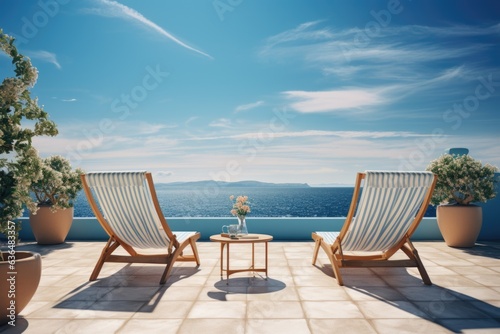 A vision of relaxation with a pair of deck chairs set on a sun-soaked terrace, providing the perfect vantage point to take in the mesmerizing expanse of the sapphire sea. Generative AI © Ivy