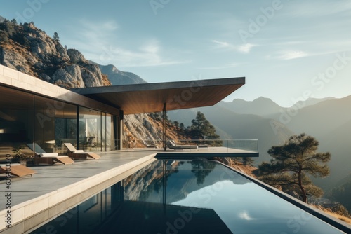 Modern concrete and glass house in mountains, pitched roof, infinity pool. Generative AI © Ivy