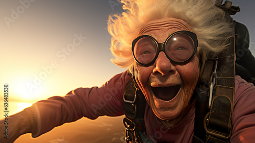Elderly matriarch, self-captured photograph, engaging in a skydiving adventure, experiencing the unbounded descent. Senior woman adventuring, active life.