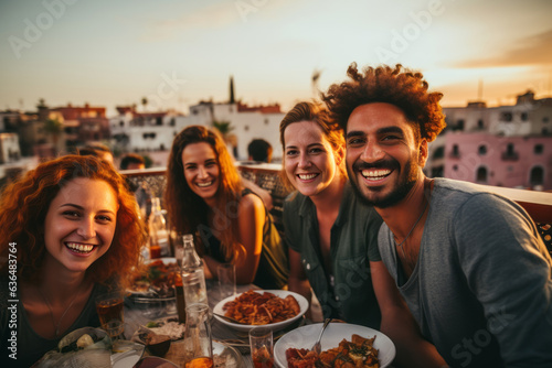 Smiling friends dining on rooftop restaurant in Marrakech while on vacation. Generative AI