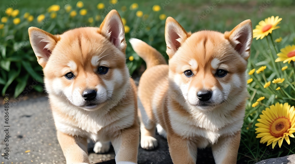Cute Shiba Inu puppies surrounded by beautiful vibrant flowers (AI generated)