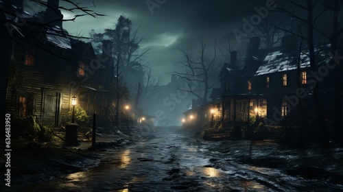 Spooky town with wooden houses at dawn. Made with Generative AI. © Paul